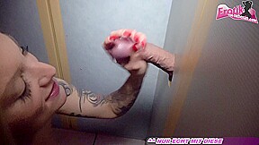 German teen slut at homemade glory hole with creampie