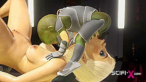 Hot sex with alien. A sexy blonde has crazy fuck with a green alien in a spaceship